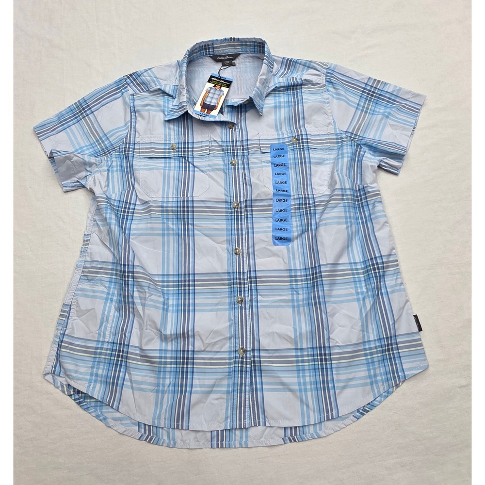 Eddie Bauer Womens Short Sleeve Adventure Shirt Blue‎ Plaid Button Up Large NWT